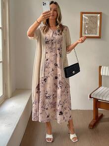 Vivie Lora Women's Chiffon Flowy 2 In 1 Floral Print Elegant Mid-Length Dress Sundress Summer - Apricot - View 5