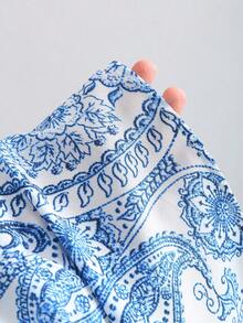 Pariaura 高腰双层蛋糕裙，饰以蓝白瓷牡丹花卉图案，腰间系带蝴蝶结装饰，度假风迷你裙 - 藍色 - 查看 6