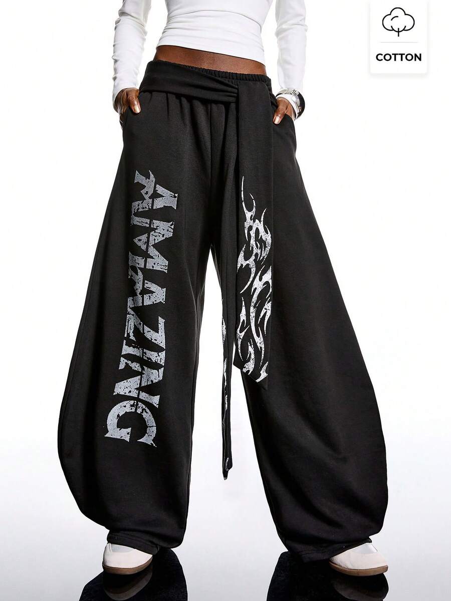 LYSMO 2025 New Arrive Minimalism Winter Women's Casual Black Printed Pocket Sweatpants New Year Winter For Women New Year Look And Christmas For Women Back To School, Homecoming, 2000s Style, Y2K Women, Streetwear - Black - View 1