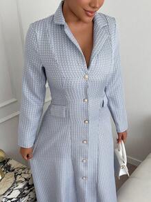 Maria Perezxox New Women Lapel Long Sleeve Faux Pocket Open Front A-Line Long Dress, Casual Resort Daily Versatile Youthful Elegant - Gray Blue - View 3