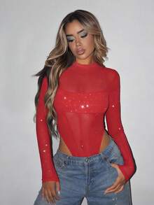SHEIN ICON Mock Neck High Cut Mesh Black Bodysuit - Red - View 1