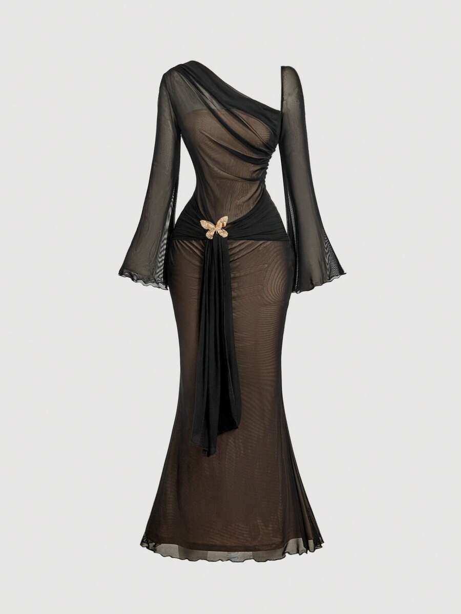 SHEIN MOD 不对称肩部喇叭袖棕色蝴蝶结金属扣连衣裙 - 彩色 - 查看 1