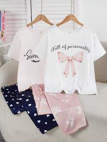 4pcs Girls/Teens Minimalist Fashion Heart, Eyelash, Moon, Letter Print Brown Plaid Pants And Short Sleeve Pajama Set Girl Summer Pajama Girls Night Wear Bow Pajamas Girl Sleep Wear - Multicolor - View 3
