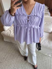 Dripcurv 大码女式紫色V领休闲灯笼袖上衣，宽松日常度假风夏季上衣春季外出夏季假日时尚系列 - 紫色 - 查看 5