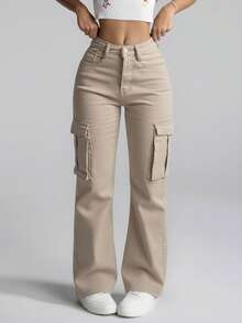 Pantalones de Mezclilla Cargo Negro de cintura alta y bolsillos utilitarios , un estilo versátil de moda para toda ocasión - Beis - Ver 1