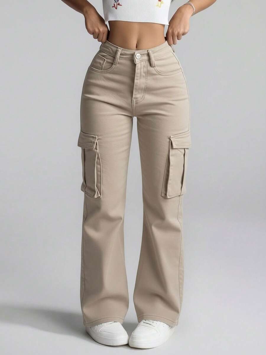 Pantalones de Mezclilla Cargo Negro de cintura alta y bolsillos utilitarios , un estilo versátil de moda para toda ocasión - Beis - Ver 1