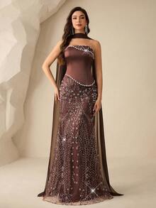 Coutiva 优雅的串珠亮片水钻链条设计，无肩带美人鱼连衣裙，适合正式晚宴、生日派对、毕业典礼、返校派对、婚礼宾客着装和红毯亮相。 - 棕色 - 查看 4