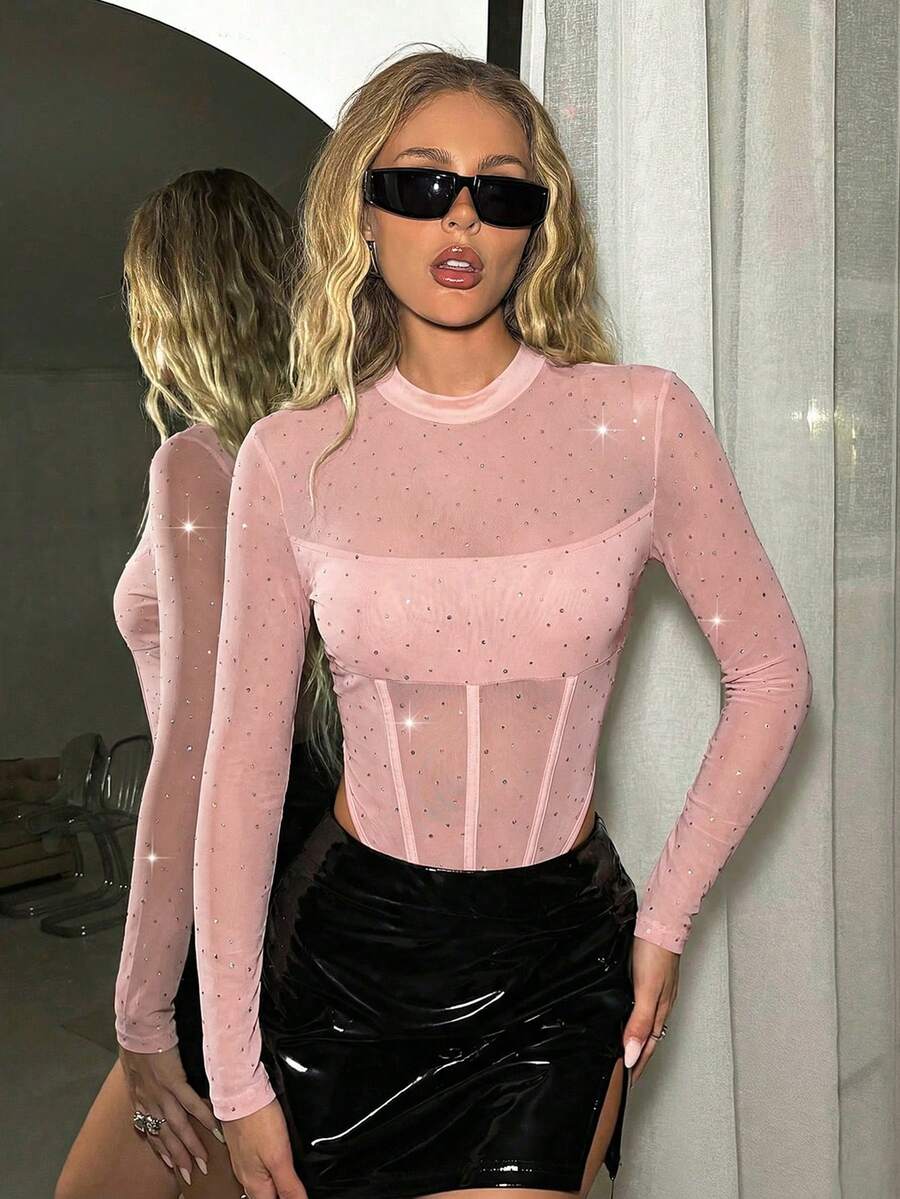 SHEIN ICON Women's Solid Color Stand Collar Long Sleeve Sequin Mesh Sexy Bodysuit - Pink - View 1