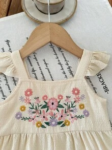 LMoss Kids Cute Baby Girl's Ruffled Sleeve Romper With Adorable Floral Embroidery, Perfect For Summer Vacation, Casual And Stylish. - Khaki - View 3