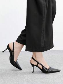 CUCCOO BIZCHIC Women's Pointed Toe Black Matte Patent Leather Metal Buckle Strap Backstrap Hollow-Out Fashionable Sexy Date Night High Heels - Black - View 5