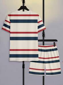 Claim Dot Bộ đồ nam thường ngày kẻ sọc cổ tròn tay ngắn gồm áo thun và quần short, thích hợp cho mùa hè. - Nhiều màu - Xem 3