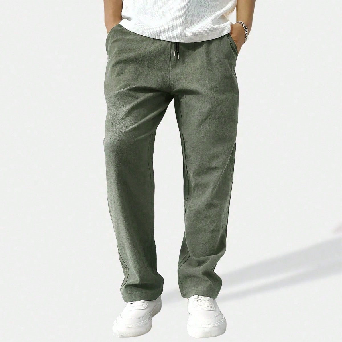Pantalones rectos de cintura con cordón de unicolor y holgados para hombre