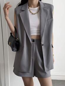 Strévra Women's Casual Collared Sleeveless Jacket And Shorts 2 Pieces Set - Grey - View 3