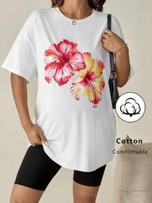 SHEIN Pregnant Women Floral Print Round Neck Drop Shoulder Casual Loose T-Shirt  Maternity Clothes Summer - White - View 1