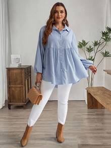 EMERY ROSE Áo sơ mi tay phồng kẻ sọc dáng rộng dành cho nữ cỡ lớn, thích hợp mặc mùa thu, đi nghỉ mát. - Màu xanh lam - Xem 5