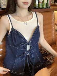 DAZY 女士牛仔吊带背心，韩版水洗休闲款 - 藍色 - 查看 3