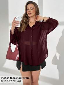 Auralis 大码女装春夏时尚休闲宽松舒适日常雪纺长袖纽扣衬衫，防晒衬衫，女式衬衫，夏季，度假，夏季上衣 - 酒紅色 - 查看 1