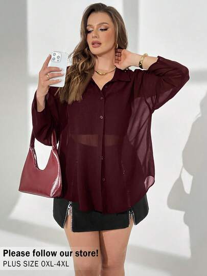 Auralis 大码女装春夏时尚休闲宽松舒适日常黑色透视雪纺长袖纽扣衬衫，防晒衬衫，女士衬衫，女士夏季服装，女士度假服装