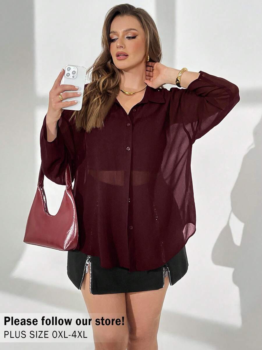 Auralis 大码女装春夏时尚休闲宽松舒适日常雪纺长袖纽扣衬衫，防晒衬衫，女式衬衫，夏季，度假，夏季上衣 - 酒紅色 - 查看 1