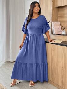 Weeklong Plus Size Casual Solid Color Bow Decor Dress - Blue - View 5