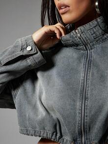 Denimoi Elastic Waist Toggle High Neck Zip Front Cropped Denim Jacket - Medium Wash - View 2