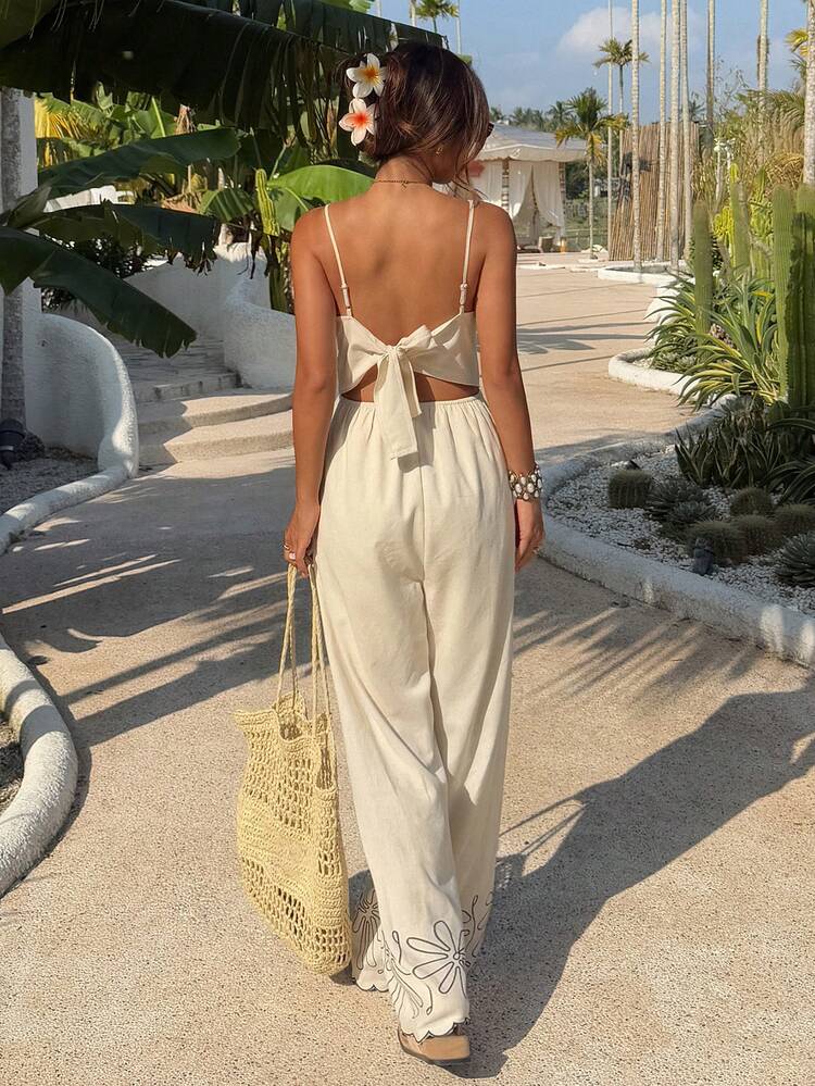 Colorblock Pattern Floral Print Fitted Waist Crisscross Backless Wide Leg Jumpsuit, Elegant Summer Holiday Wear For Women