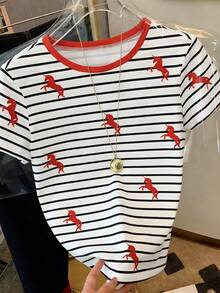 Resyla 女士独角兽条纹印花短袖休闲百搭圆领T恤 - 彩色 - 查看 3