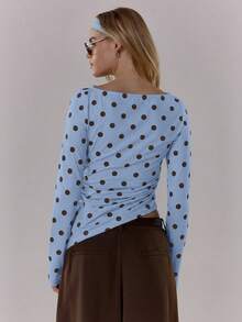 MUSERA Polka Dot Contrast Colour Crewneck Long Sleeve Top Cute Going Out Daily Office School Spring Summer Spring Outfit Easter Casual - Blue - View 2