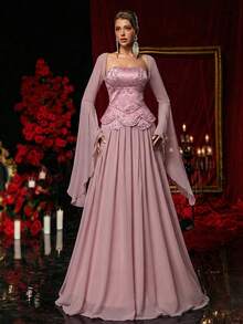 Glamrae 优雅奢华的缎面抹胸连衣裙，饰以水钻，不规则雪纺A字裙摆（含可拆卸超长袖披肩），腰部系带可调节，适合约会、婚礼、正式活动、晚宴等场合。 - 藕粉色 - 查看 5