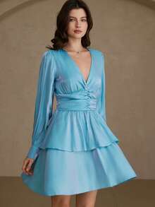 Chiquease Vestido mini de manga larga con escote en V en azul brillante, de apariencia vintage y lujosa, con diseño de volantes y capas, cintura ceñida que resalta las curvas, adecuado para fiestas y reuniones - Multicolor - Ver 6