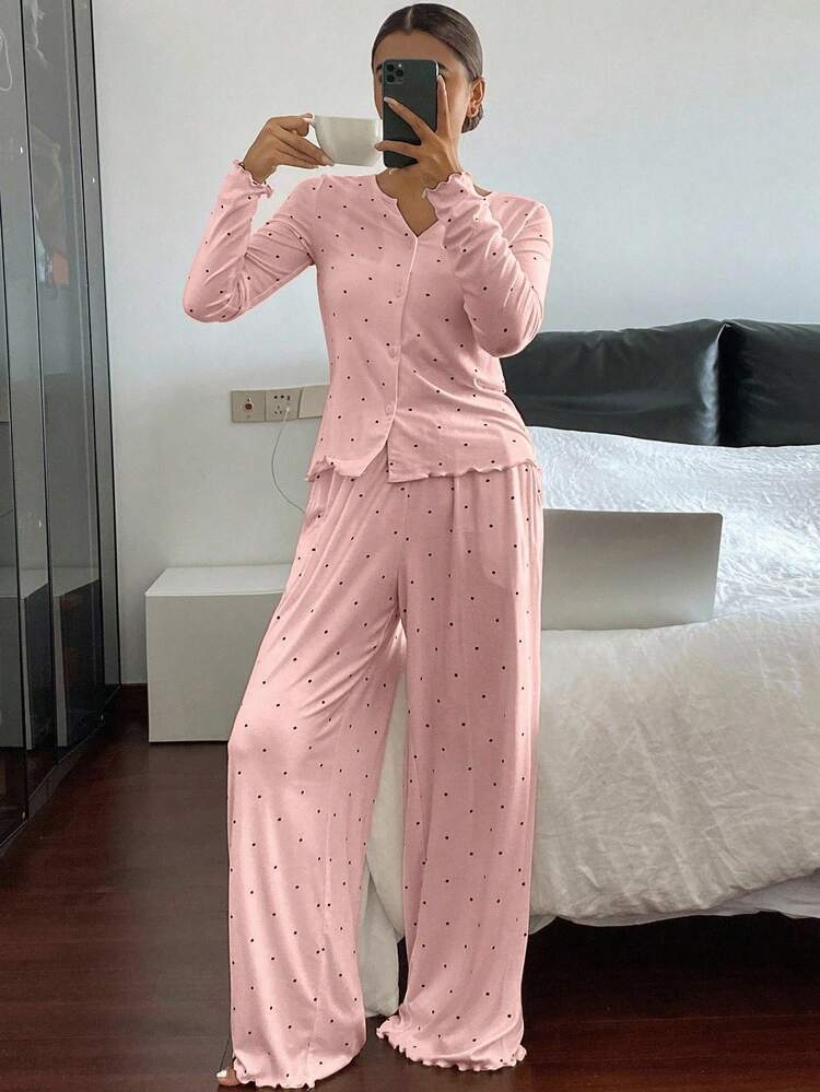 2pcs Polka Dot Print Cardigan Long Sleeve & Straight Leg Pants Women Pajama Set, Spring