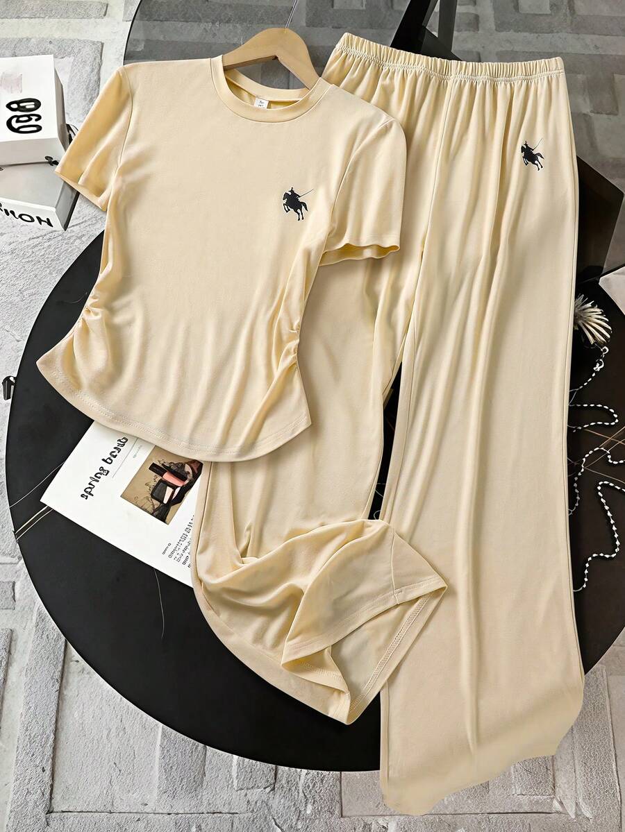 一件式短袖休闲印花春夏少女夏季通勤套装，运动休闲直筒裤，短袖轻便舒适两件套。 - 杏色 - 查看 1