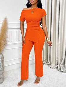 SOLERSUN 不对称领口开衩下摆褶皱上衣和喇叭裤 - 亮橙色 - 查看 5