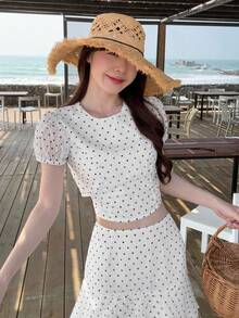 DAZY Women's Polka Dot Short Sleeve Blouse And Long Cake Skirt Casual 2 Pieces Set - White - View 3