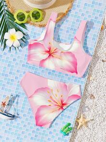 Hibiscus, Flame Tree, Beach Vacation, #Coconutgirl, Tween Girls Casual Minimalist Camisole & Triangle Bottoms Swimwear Set, Suitable For Summer Mid-Break To Beach, Neon Beach Vibes, Swimwear Collection, Holiday Feels, Coastal Minimalism, Summer Flower - Pink - View 3