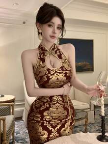 DAZY 夏季女士优雅花卉撞色立领无袖开衩中长连衣裙，东方美学 - 紅色 - 查看 9