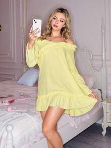 Women's Sweet Romantic Asymmetric Ruffle Off Shoulder Sleeveless Loose Comfortable Mini Dopamine Dress - Yellow - View 6