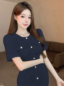 DAZY Women's Elegant Button Decor Bodycon Dress, Suitable For Back To School, Party, Autumn - Navy Blue - View 4