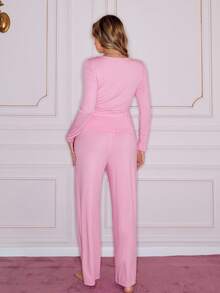 Lace Patchwork Sweet & Modest Fitted Long Sleeve Women Pajama Set - Pink - View 2