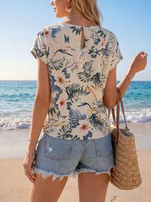 Sylviya Floral Print Keyhole Back Tie Front Top - Multicolor - View 2