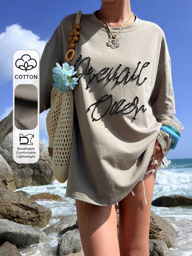 Women's Letter Beaded Decor Round Neck Drop Shoulder Loose Casual T-Shirt