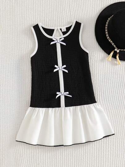 SHEIN 年轻女孩复古优雅简约3D蝴蝶结拼接白色荷叶边无袖连衣裙，春夏款