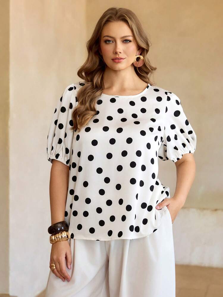 Roveilla Plus Size Polka Dot White Casual Vacation Shirt, Spring/Summer Tops For Women Elegant Polka Dot Shirt Puff Sleeve Tops Polkadot Top Black And White Polka Dot Top Puff Sleeve Blouse Polka Dot Two Piece Set Polka Dot Outfit Women Poka Dots Top Casual Elegant Blouse Dot Blouse Women S Summer Outfits Blouse For Women Polka Dots Top - Black and White - View 6