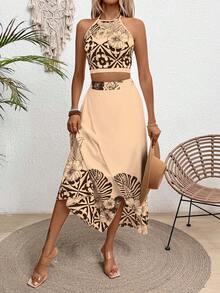 Breezaya Bộ đồ 2 món phong cách nghỉ dưỡng thường ngày, họa tiết nhiệt đới: áo cổ yếm và chân váy. - Màu Tím - Xem 7