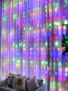 1 pieza Luces de cortina de ventana, 300 luces LED de hadas con control remoto, 8 modos alimentadas por USB, decoración de cortina de ventana, fiesta, Navidad, interior y exterior, Halloween (300 LED - Luz de colores) - Multicolor - Ver 2
