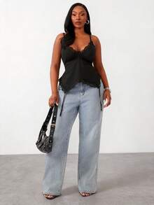 Radiana Plus Size Sexy Solid Color Lace Trim Camisole - Black - View 5