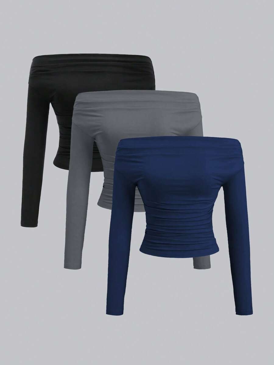Sweetra Bộ 3 áo croptop dài tay trễ vai dành cho nữ, thoải mái và thân thiện với da, dáng ôm, dễ phối đồ. - Nhiều màu - Xem 1