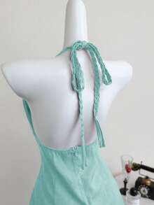 Elamini Đầm chữ A hở lưng, cổ chữ V sâu, buộc dây, thanh lịch và gợi cảm, thích hợp cho mùa xuân/hè. - Màu xanh bạc hà - Xem 2