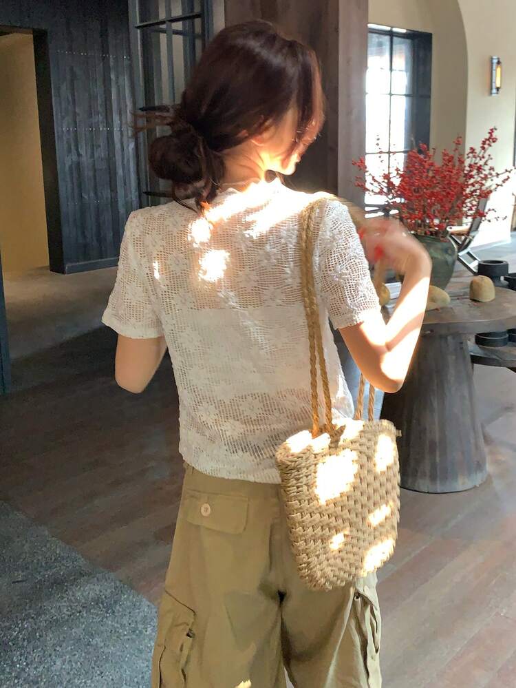 Women's Hollow Mesh Crochet Lace Short Sleeve Blouse Top Summer