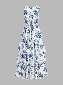 Ellevyn 优雅女士V领多层荷叶边A字连衣裙，适合度假、派对、晚宴、婚礼宾客、精致职业装、约会等场合。 - 藍白色 - 查看 3